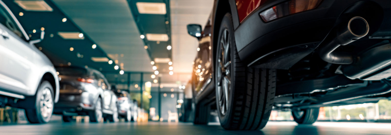 low angle shot of cars in a show room